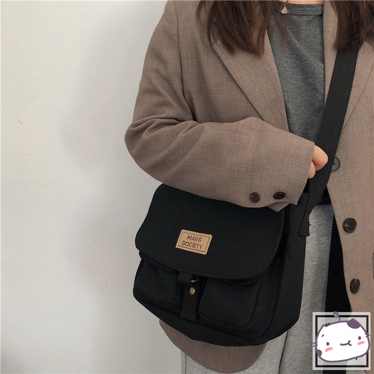 Túi Vải Canvas Đeo Chéo Phong Cách Harajuku Cổ Điển Thời Trang Cho Nữ