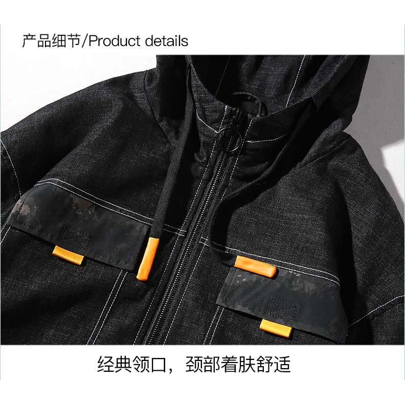 Men Black Letter Print Zipper Loose Denim Jacket With Hood Casual Long Sleeve Plus Size hooded denim Jacket