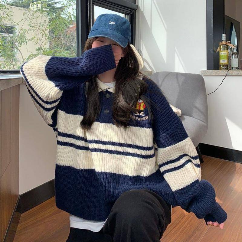 Áo Sweater Dệt Kim Cổ Polo Kẻ Sọc Xanh Dương In Họa Tiết Hoạt Hình Dày Dặn Ấm Áp