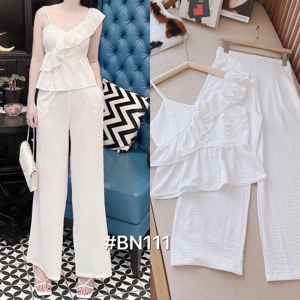 SET LỤA TẰM ÁO LỆCH VAI QUẦN ỐNG RỘNG ĐẸP LONG LANH CAO CẤP NỮ BN111