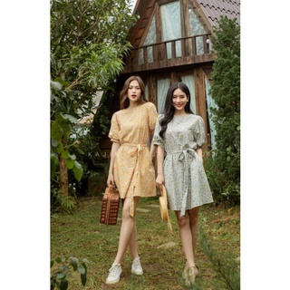 Đầm cotton tay phồng, form A, dây buộc eo