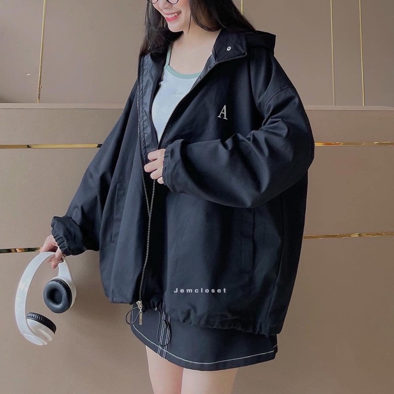 Áo Khoác Kaki Chun Tay Bồng Thêu Logo Chữ A Ulzzang Hot(Ảnh Thật)