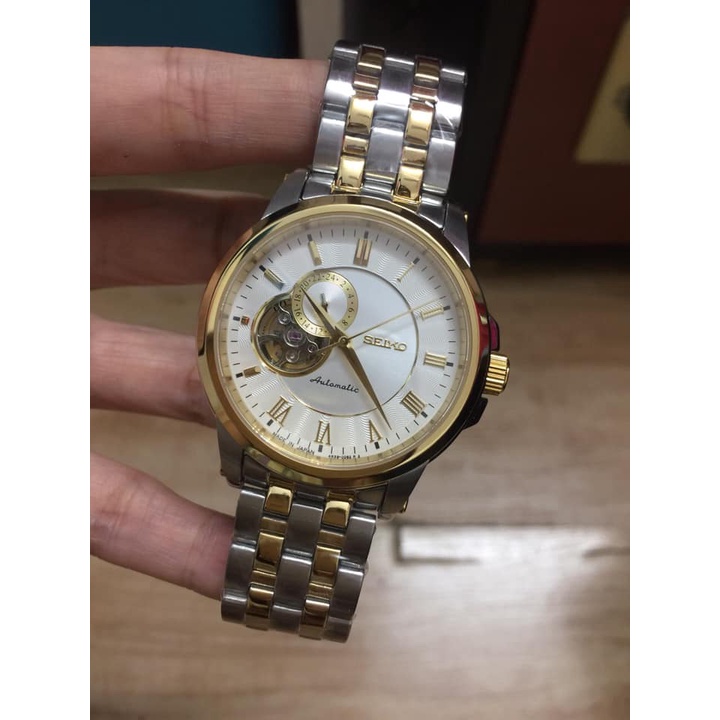 Đồng hồ Nam seiko hở máy chạy cơ automatic vỏ vàng dây đơ mi trắng pha vàng máy Nhật 40-41mm