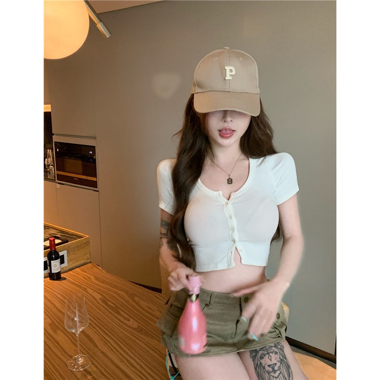 Áo Croptop Dệt Kim Tay Ngắn Cổ Chữ V Màu Trơn Phong Cách Hàn Quốc