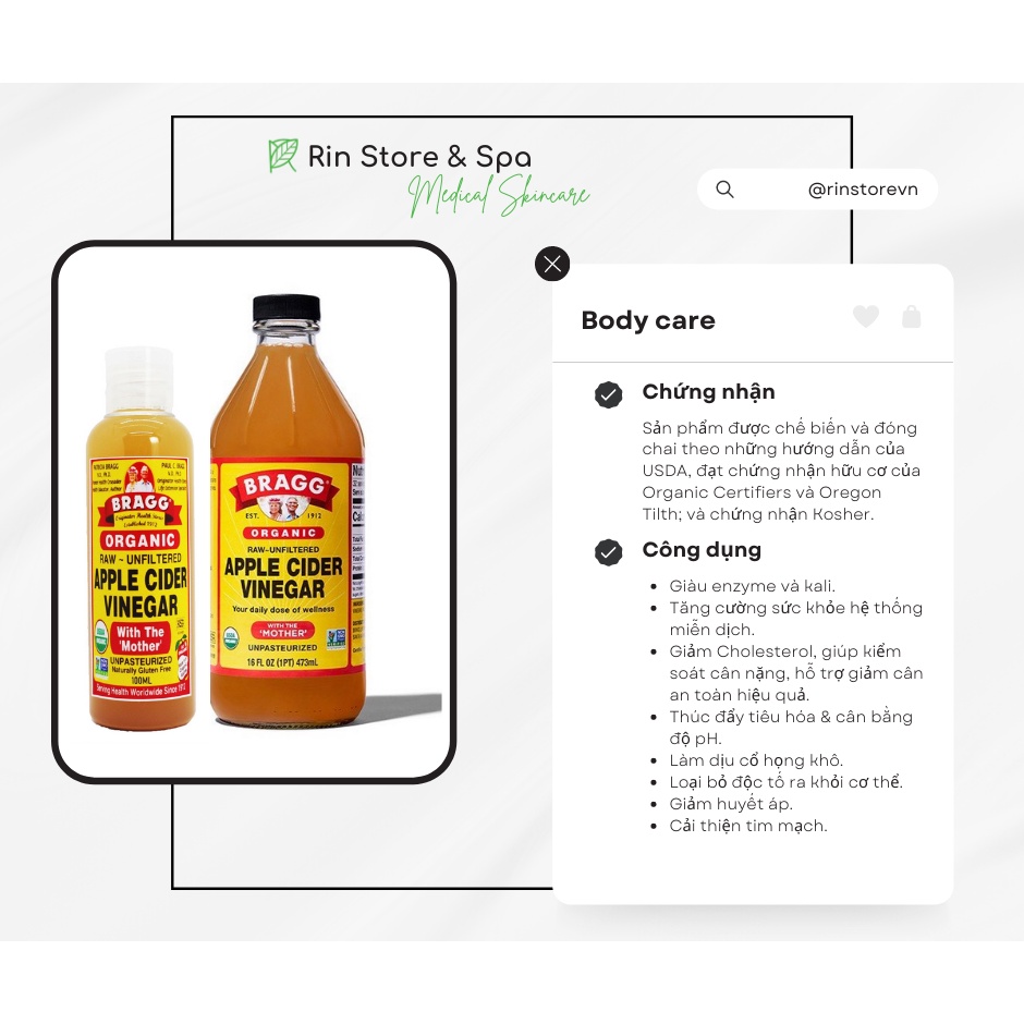 90ml Giấm táo hữu cơ nguyên chất nguyên con giấm cái Bragg Apple Cider Vinegar