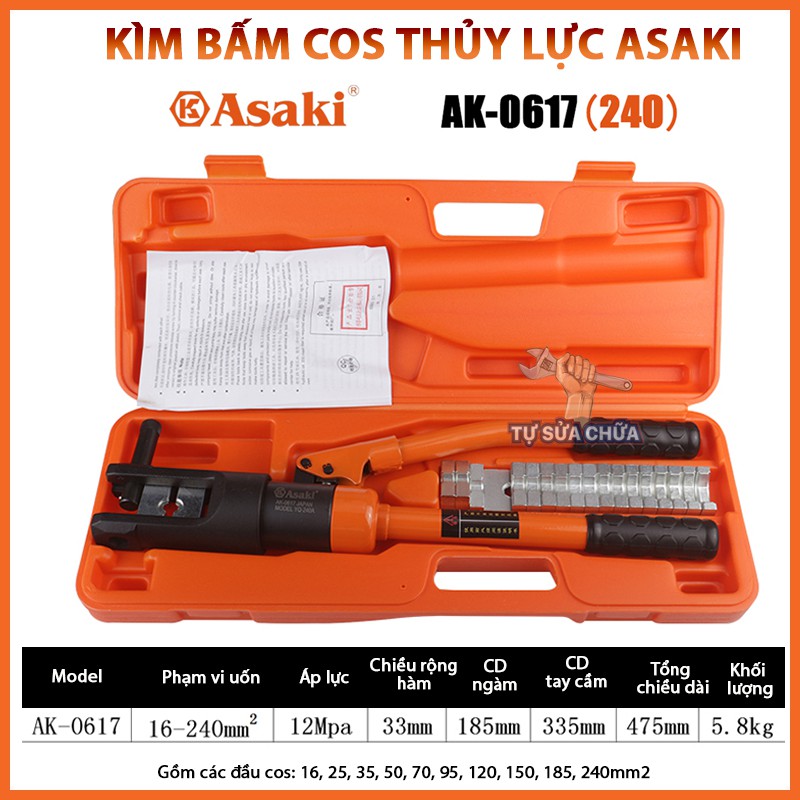 Kìm bấm cos thủy lực chính hãng ASAKI AK-0617, AK-0618, Kìm bấm cos thủy lực được các công ty, nhà máy sử dụng, HÀNG XỊN