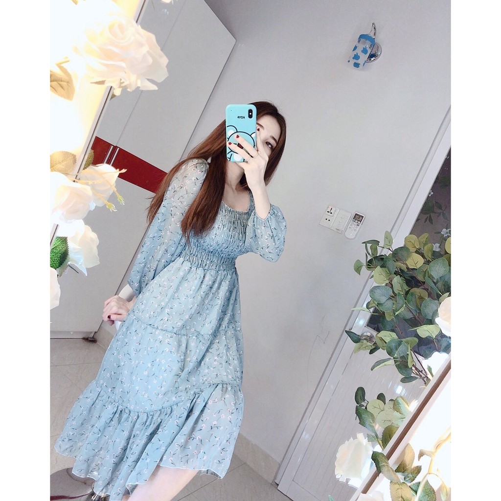 ĐẦM MAXI HOA NHÍ CỔ TRÒN NHÚN THUN TAY DÀI CHÂN BÈO / ĐẦM TIỂU TAY DÀI THƯ HOA NHÍ DÁNG XÒE