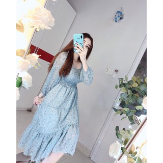 ĐẦM MAXI HOA NHÍ CỔ TRÒN NHÚN THUN TAY DÀI CHÂN BÈO