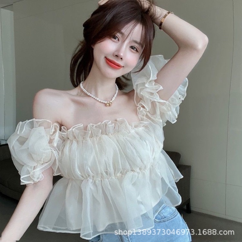Áo croptop trễ vai tay bồng bánh bèo mùa hè 2 màu siêu cưng A1