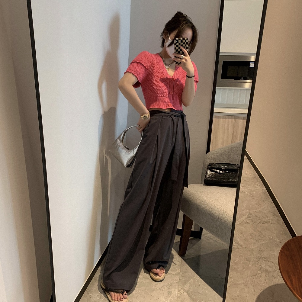 Áo cardigan ZHELIHANGFEI dệt kim tay ngắn cổ chữ V dáng rộng lưng cao thời trang dành cho nữ