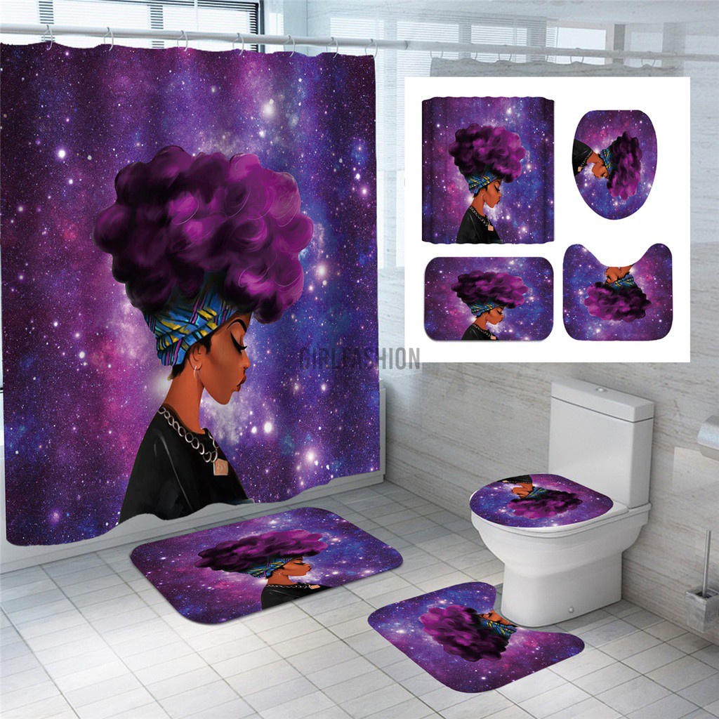 Cool Girl Waterproof Bathroom Shower Curtain Toilet Cover Mat Rug Bathmat Set