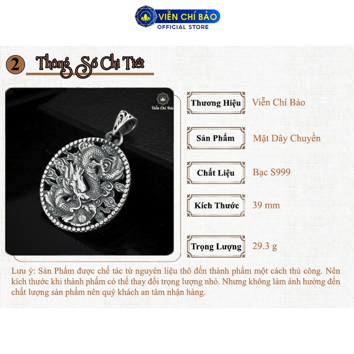 Mặt dây chuyền bạc nam Mãnh Long Quá Hải, mặt dây chuyền Rồng chất liệu bạc Thái 925 thương hiệu Viễn Chí Bảo M100543x