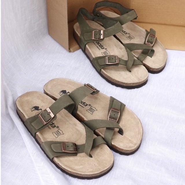 Sandal nam nữ unisex LSB07 da thật xanh rêu