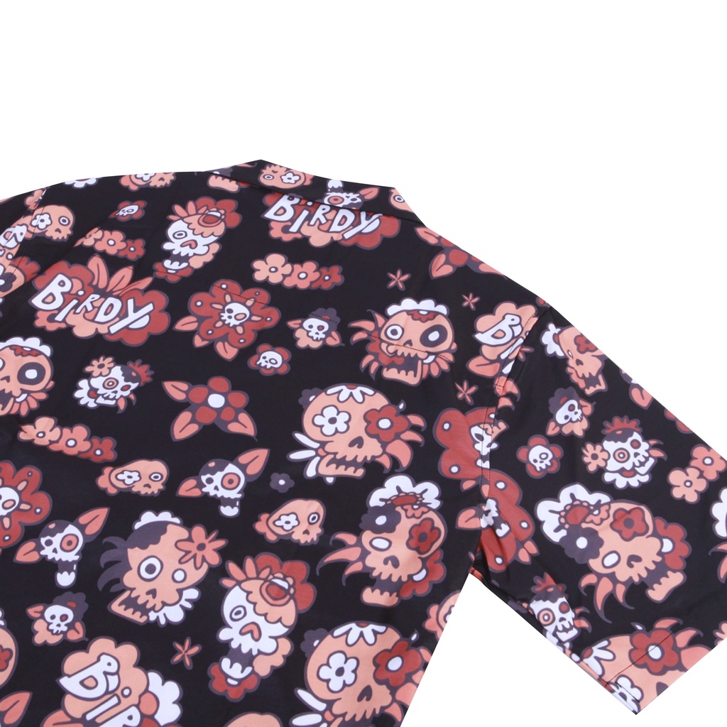 Áo sơmi BIRDY SKULL SHIRT tay ngắn nam nữ form rộng sơ mi cổ vest unisex tay lỡ, chất vải lụa mịn chống nhăn