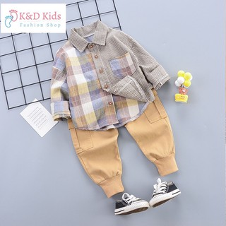 Set áo caro quần túi hộp cho bé trai 9-20kg
