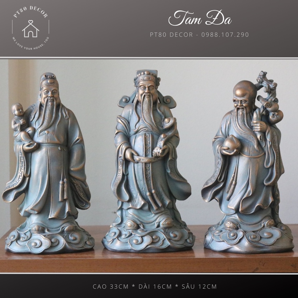 Bộ 03 Tượng Tam Đa - Phúc Lộc Thọ PT80 Decor cao 33cm trang trí phòng khách, phiên bản phủ đồng ánh xanh