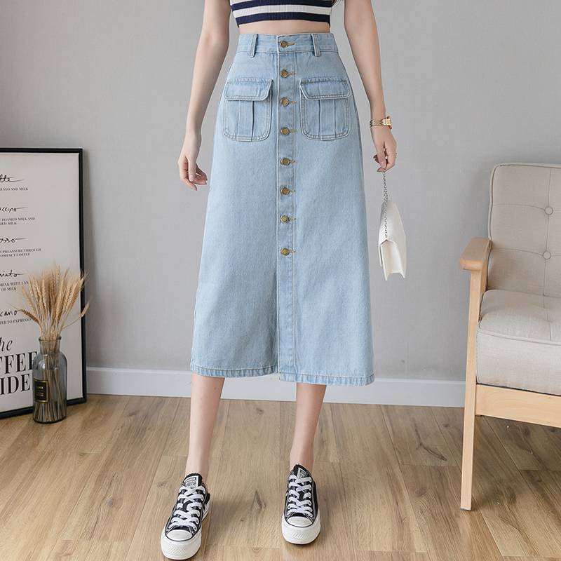 Chân Váy Denim Dáng Chữ A Phối Túi Lớn Phong Cách Hàn Quốc