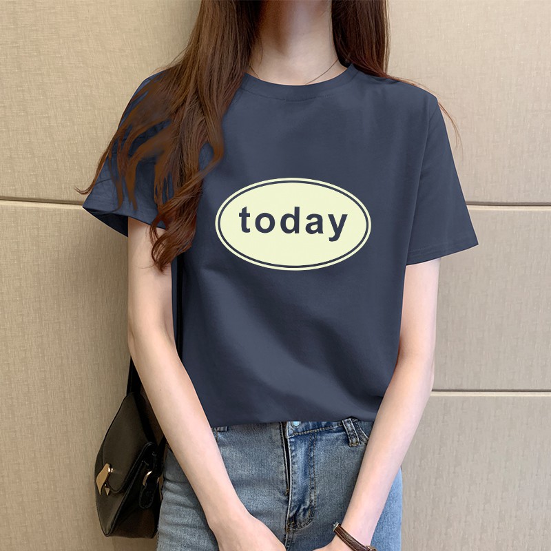 2020 summer women's short-sleeved t-shirt blue cotton letter printing round neck Korean version of the large size half sleeve loose and thin