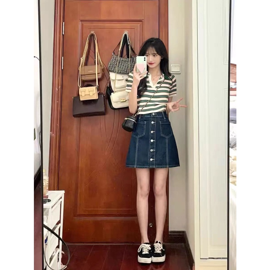 Set Áo Thun Polo Tay Ngắn Kẻ Sọc Phối Chân váy jean Thời Trang Trẻ Trung Cho Nữ