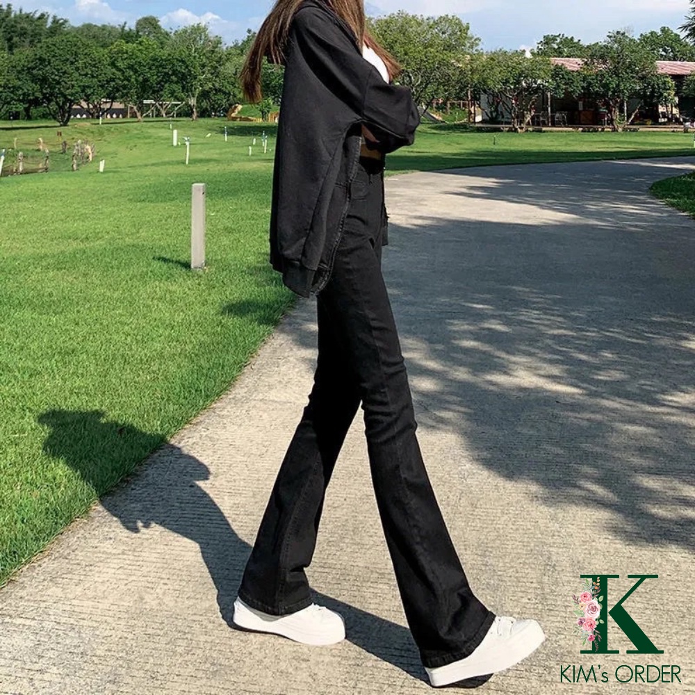 Quần Jeans Ống Loe Nữ Màu Đen Nâu Cạp Cao Loại 1 Chất Jean Kaki Co Dãn Style Hàn Cá Tính Mặc Hàng Ngày Có Bigsize
