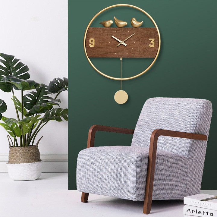 Đồng hồ treo tường quả lắc phong cách cổ điển, đơn giản, mặt đồng hồ gỗ & khung kim loại trang trí nhà đẹp & quà tân gia