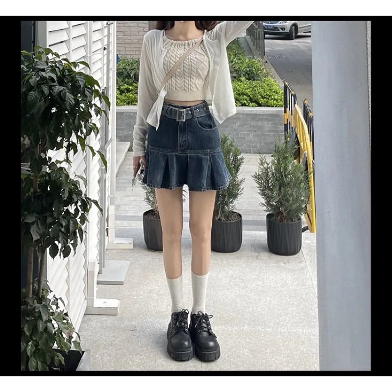 Chân váy jean xếp ly dáng chữ a kèm đai jean thời trang có ảnh thật SẴN S, L, XL | BigBuy360 - bigbuy360.vn
