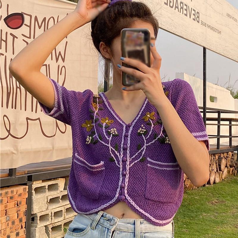 Áo Khoác Cardigan Dệt Kim Tay Ngắn Cổ Chữ V Thêu Hoa Xinh Xắn Cho Nữ | BigBuy360 - bigbuy360.vn