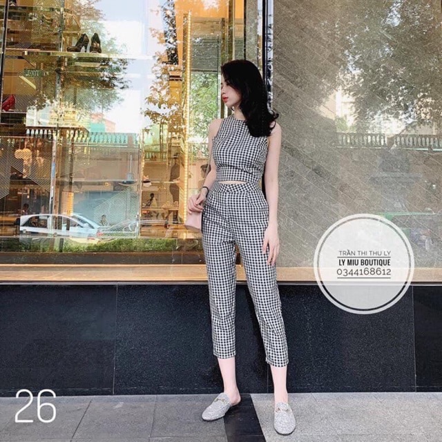 Set kẻ áo buộc nơ lưng