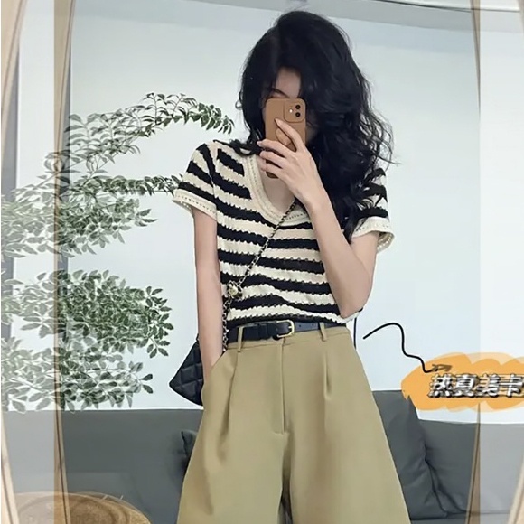 QADCOL  Áo Dệt Kim Ngắn Tay Thời Trang Mùa Hè Hàn Quốc Cho Nữ