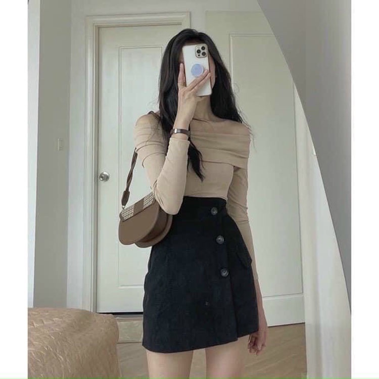 Chân váy chữ a chất nhung tăm Váy đính cúc dọc siêu xinh kèm quần trong | BigBuy360 - bigbuy360.vn