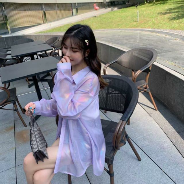 Áo sơ mi mỏng phản quang cầu vồng óng ánh hè thu cá tính