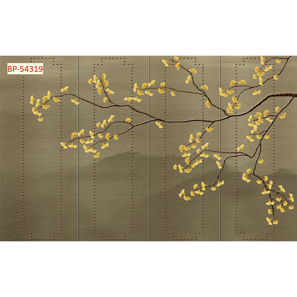 Tranh 3D dán tường phòng khách phong cách INDOCHINE cành hoa nhí, dáng cánh hoa nhỏ