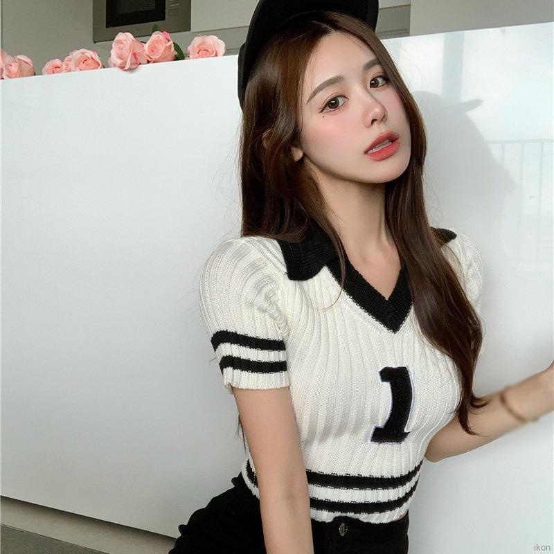 Áo croptop dệt kim tay ngắn cổ chữ V dáng ôm thời trang cho nữ
