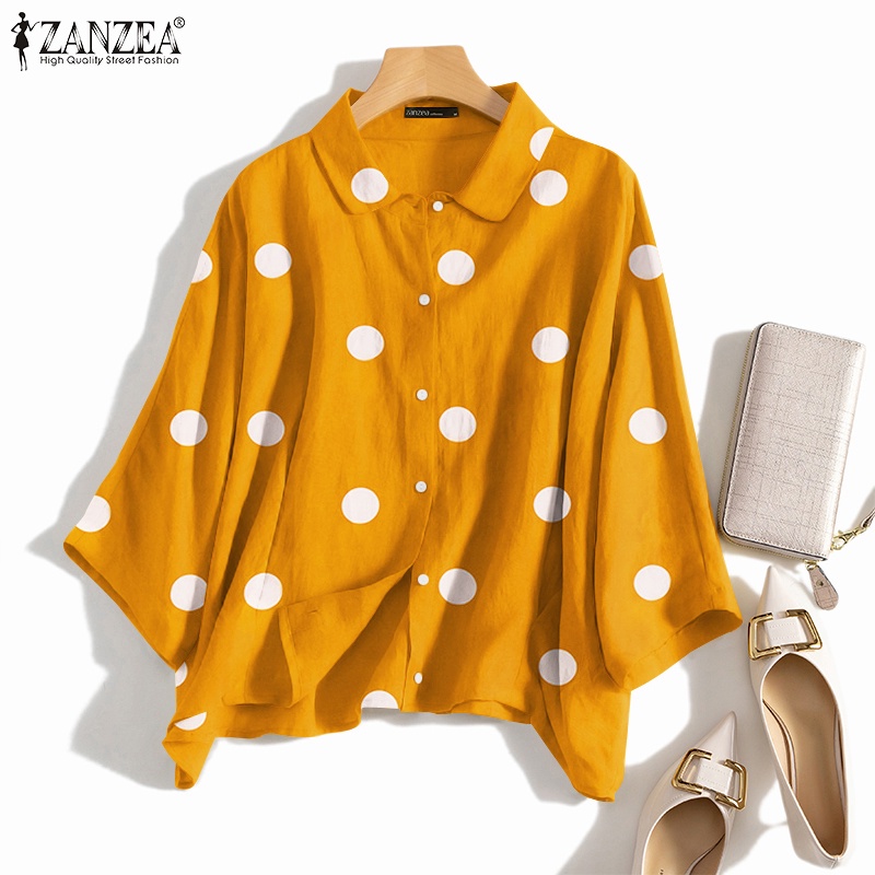 ZANZEA Áo Sơ Mi Nữ Tay Dài Cổ Bẻ Họa Tiết Chấm Bi Thời Trang