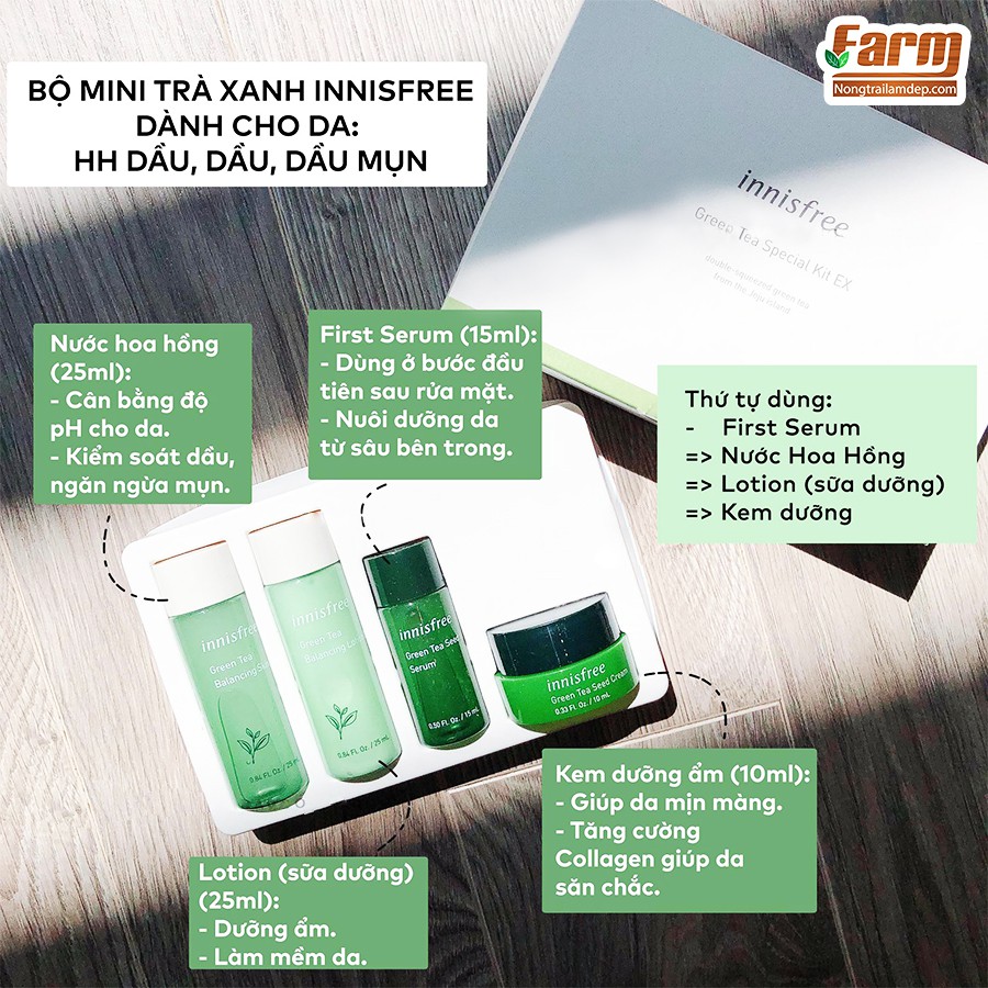 BỘ KEM DƯỠNG ẨM DA TRÀ XANH mini Innisfree Green Tea Special Kit 4 in 1