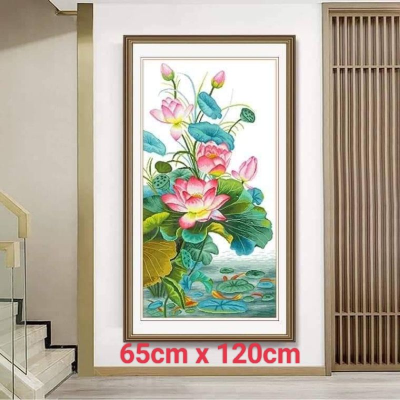 Tranh thêu chữ thập hoa sen. Tranh thêu đầm sen size to trên 100cm