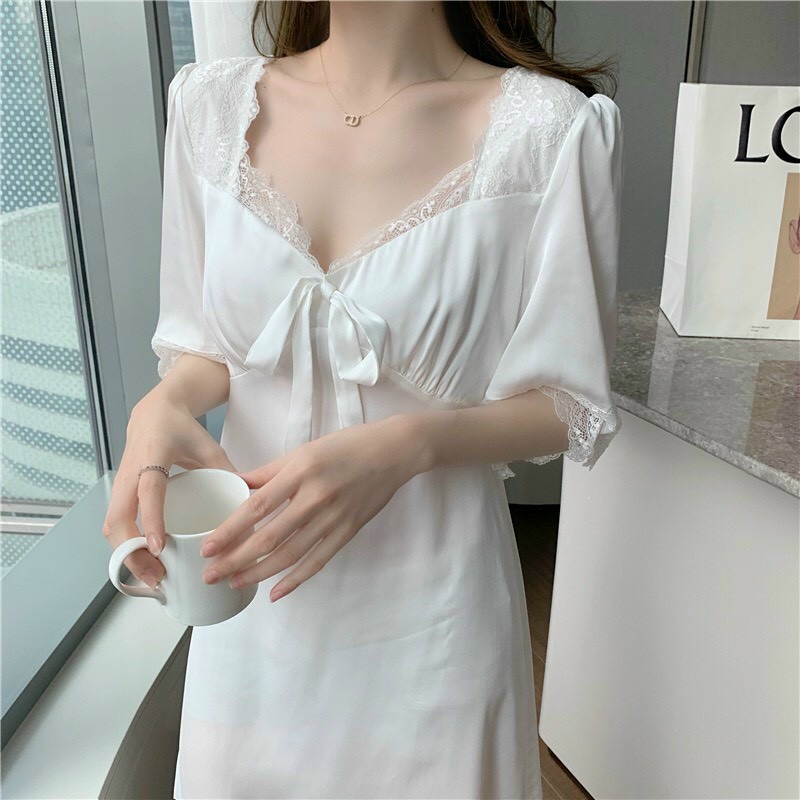 [Hàng Cao Cấp] Váy ngủ trắng sang trọng dáng dài phối ren mềm mại thoáng mát - Đầm ngủ cao cấp dáng dài lụa Latin | BigBuy360 - bigbuy360.vn