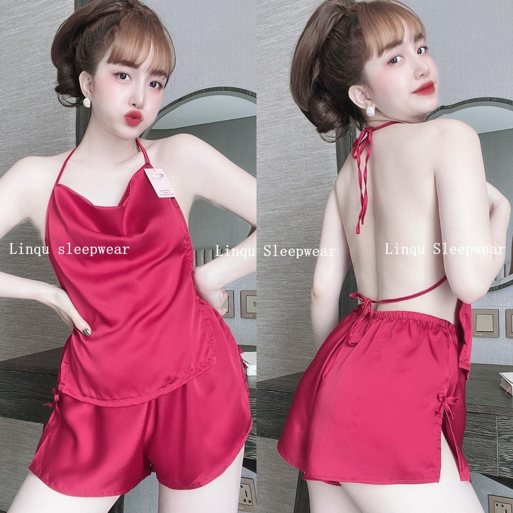 Yếm ngủ sexy cột dây lưng gợi cảm chất satin mặc ngủ thoải mái Freesize dưới 60kg - Linqu Sleepwear