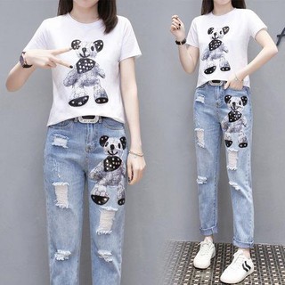 Set Áo Thun Tay Ngắn + Quần Jean Dài Thêu Họa Tiết Xinh Xắn Cho Nữ