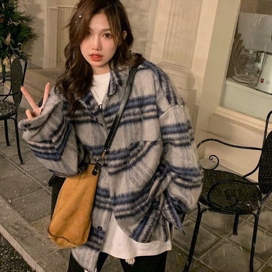 ZHELIHANGFEI Áo Khoác Len Tay Dài Cổ POLO Form Rộng Họa Tiết Kẻ Sọc Hợp Thời Trang