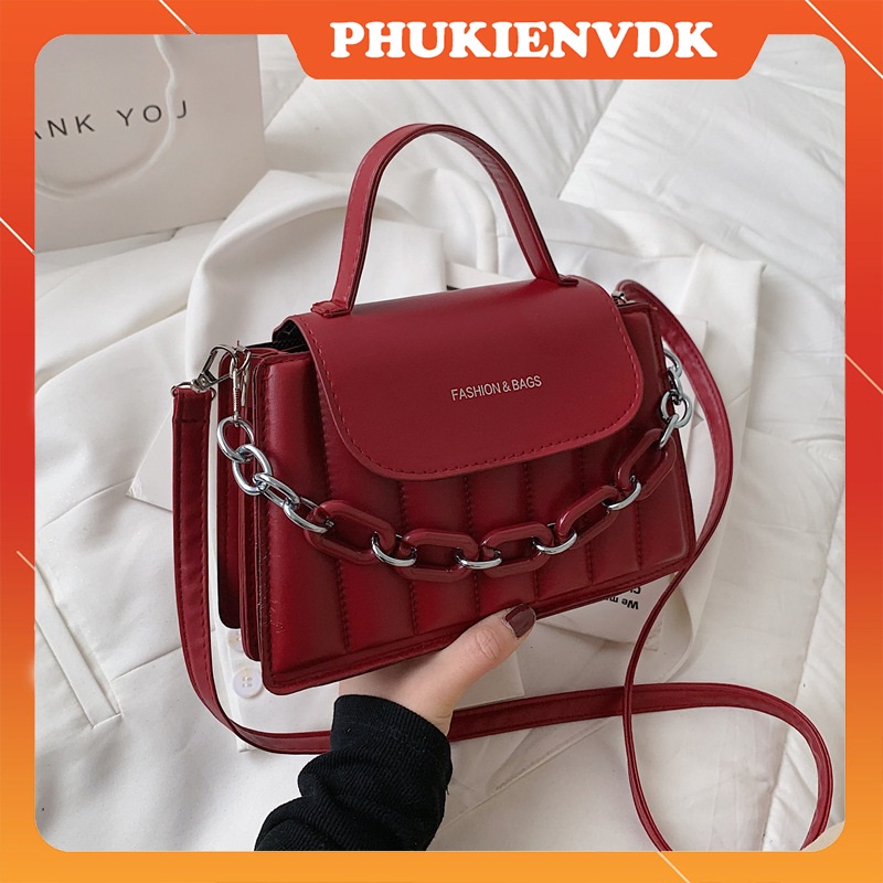 Túi xách nữ đeo chéo cầm tay da trơn phối dây xích