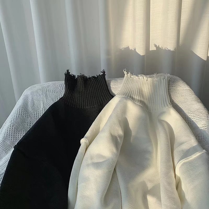 Áo sweater dệt kim cổ tròn phối rách dáng rộng thời trang thu đông dành cho nam