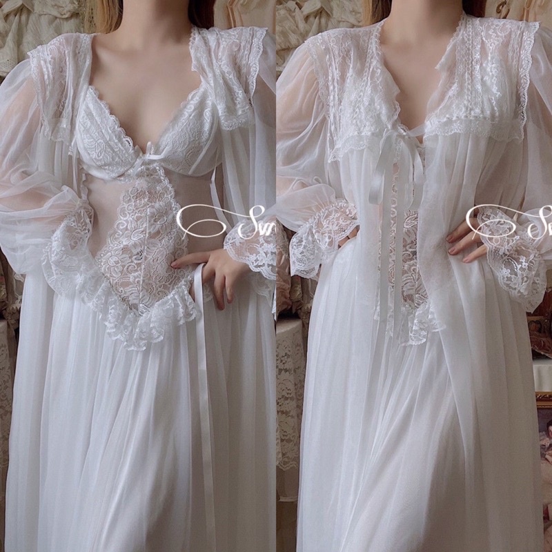 VÁY NGỦ TIỂU THƯ SANG CHẢNH Kèm Áo Choàng Dài Tay phối bèo ren Quảng Châu Cao Cấp
