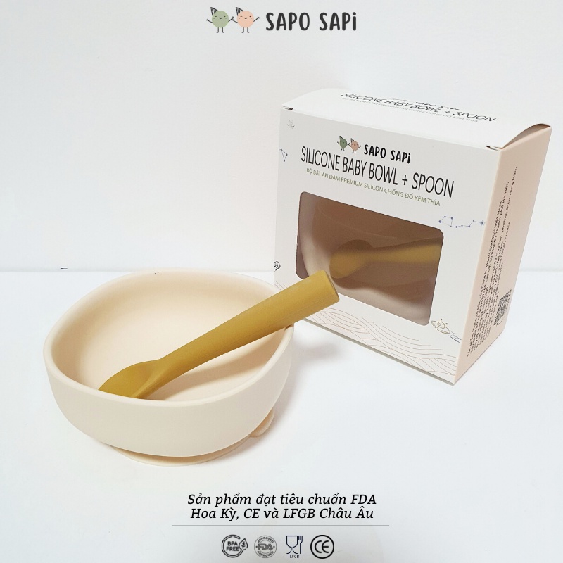 Bộ bát ăn dặm Premium Silicon đế hít chống đổ kèm thìa ăn dặm SAPO SAPi: Cream + Mustard