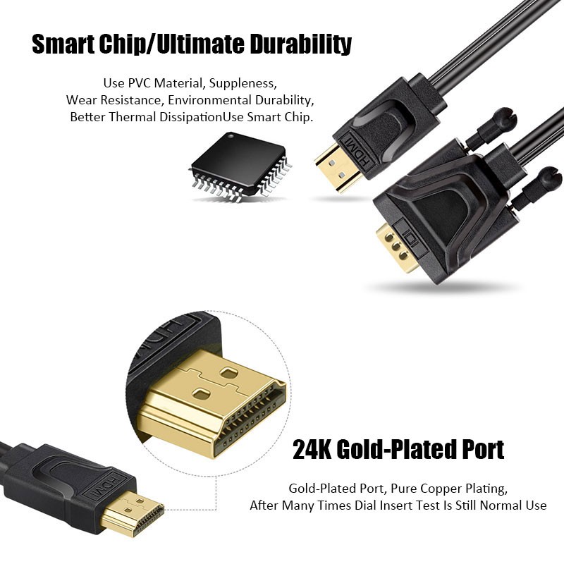 HDMI to VGA, Gold-Plated HDMI to VGA 2 Meter Cable with Power and Audio Compatible for Computer, Desktop, Laptop, PC, Monitor, Projector, HDTV, Chromebook, Raspberry Pi, Roku, Xbox