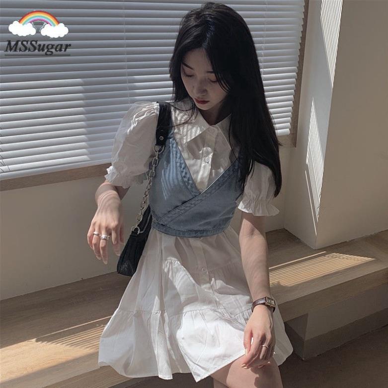 Váy nữ Set đầm sơ mi tay bo phồng + áo yếm denim duyên dáng dành cho phái đẹp 2020 có bán lẻ Váy