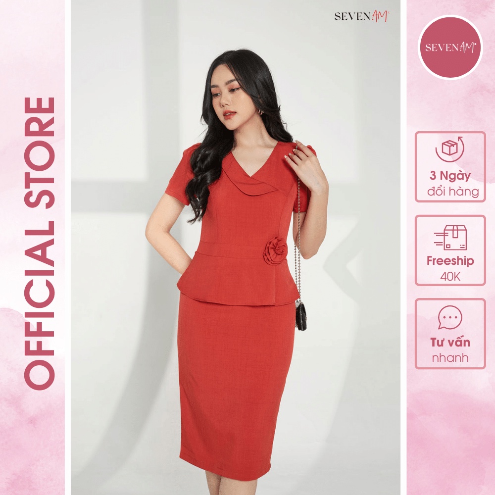 Đầm Ôm Seven.Am Tay Bồng Chất Thô Màu Đỏ Cam Thiết Kế Hoa Bèo Eo FH613064