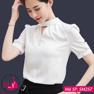 Áo sơ mi nữ kiểu khoét ngực cổ tròn chất liệu lụa nhật BlyFashion SM157 thời trang công sở cao cấp Thanh lịch Sang trọng