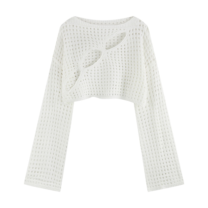 NUZIRO Áo kiểu  dệt kim tay dài dáng rộng ngắn chống nắng thiết kế rỗng ngọt ngào cho nữ