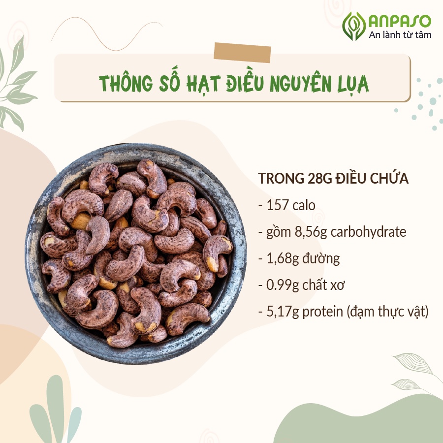 Hạt Điều Rang Muối Nguyên Lụa Anpaso Tự Nhiên, Không Chất Bảo Quản, Ăn Vặt, Keto, Ăn Kiêng, Eat Clean 500gr